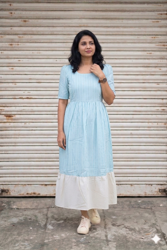 Pastel Blue - Maternity / Feeding - Maxi/Gown - Cotton Lining - Double side Zips - Blue lines