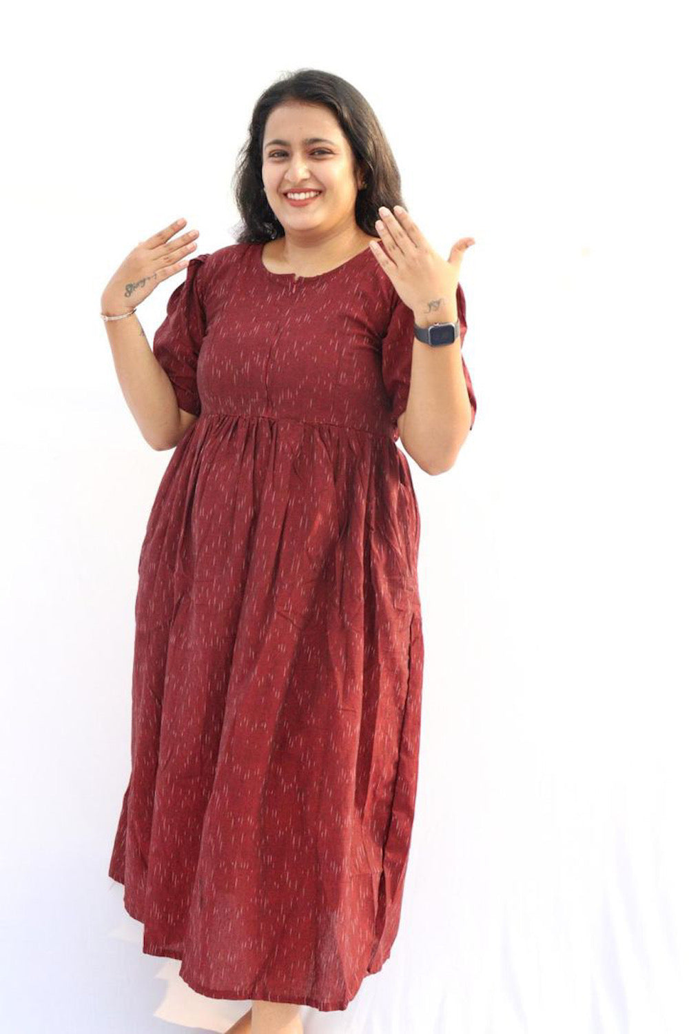 Ofably Cotton Maternity Cum Feeding Dress(Red)(LUX002)