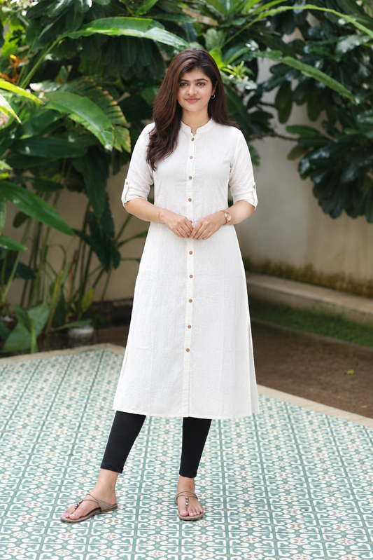 Premium Cotton Kurti | 2 pc set Top and Dupatta | Center button | cream White and silver zari | Full Cotton lining