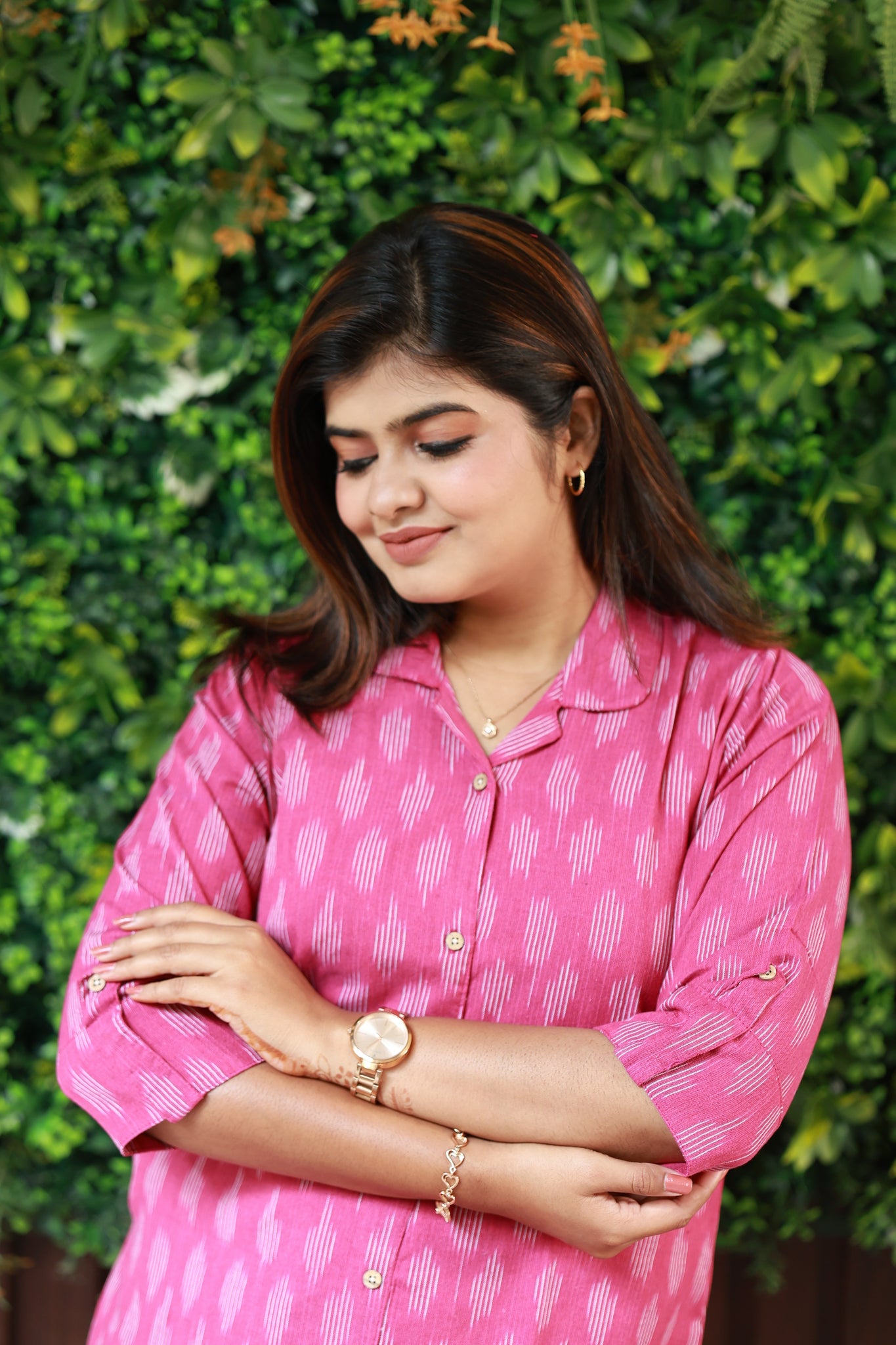 Pink ikat print maternity co-ord set featuring a simple collar neckline and front feeding buttons.