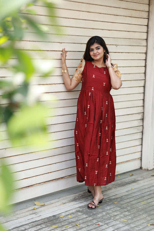 Neemai maroon colour maternity maxi dress with feeding zip, soft silk fabric, pregnancy & nursing friendly gown, festive ethnic maternity wear, plus size available