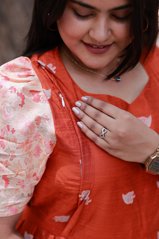 Raw silk - Double side zip Maternity Maxi/Gown - Festival Collection - Orange Flower