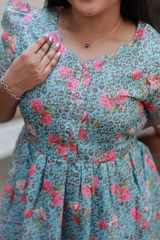 Center zip Normal / Maternity Midi/Gown- kota cotton with full lining - Pink flower