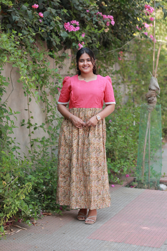 Cotton Feeding/Maternity- Maxi/Gowns- Double side zip - kalamkari Honey Pink