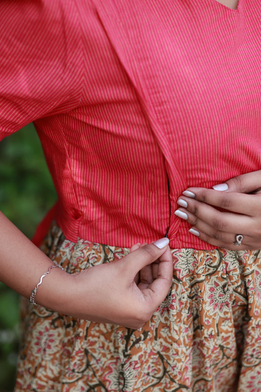 Cotton Feeding/Maternity- Maxi/Gowns- Double side zip - kalamkari Honey Pink