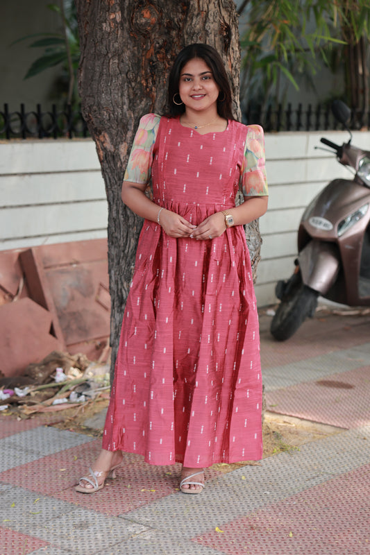 Raw silk - Double side zip Maternity Maxi/Gown - Festival Collection - Light Pink And lotus sleeve