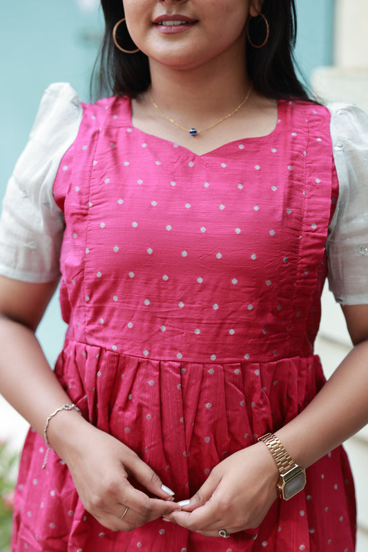 Raw silk - Double side zip Maternity Maxi/Gown - Festival Collection - Dark Pink and Silver Sleeve