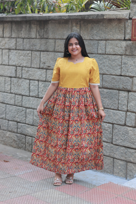 Cotton Feeding/Maternity- Maxi/Gowns- Double side zip - Kalamkari Yellow and Red