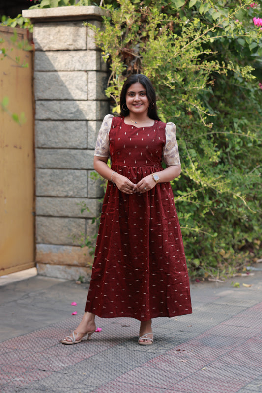 Raw silk - Double side zip Maternity Maxi/Gown - Festival Collection - Maroon Dots