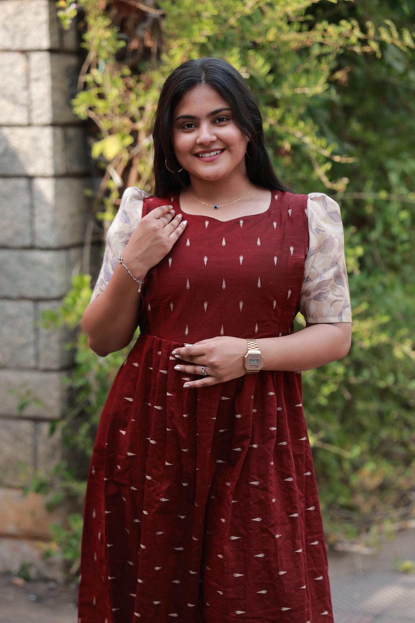 Raw silk - Double side zip Maternity Maxi/Gown - Festival Collection - Maroon Dots , last pc in 3 xl