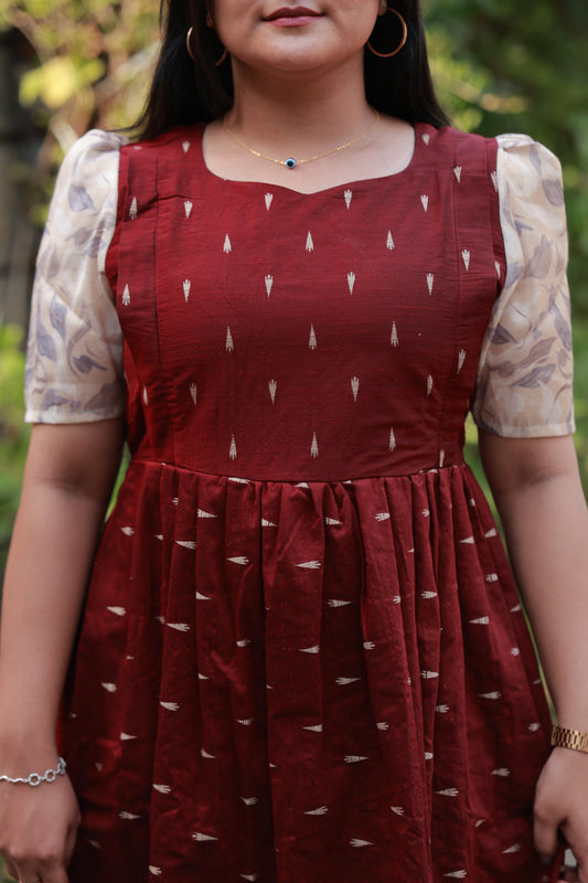 Raw silk - Double side zip Maternity Maxi/Gown - Festival Collection - Maroon Dots