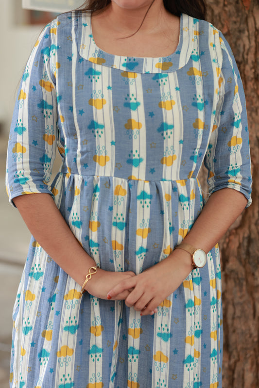 Premium Muslin- Feeding/ Maternity Maxi/Gown - Cotton lining /Double side zip - Double side feeding zips for easy nursing access, Sweat-friendly fabric for everyday comfort, Comfortable fabric with soft natural feel.