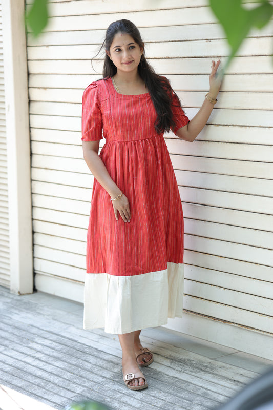 Red stripes - Maternity / Feeding - Maxi/Gown - Cotton Lining - Double side Zips