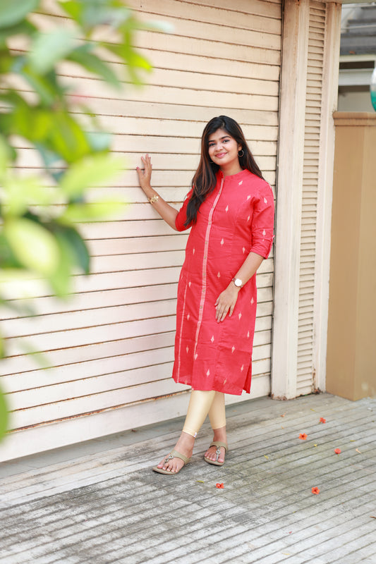 Neemai Red Cotton Kurti with Elegant Motif Pattern and Front Buttons, Stylish Casual Wear for Women, plus size daily wear