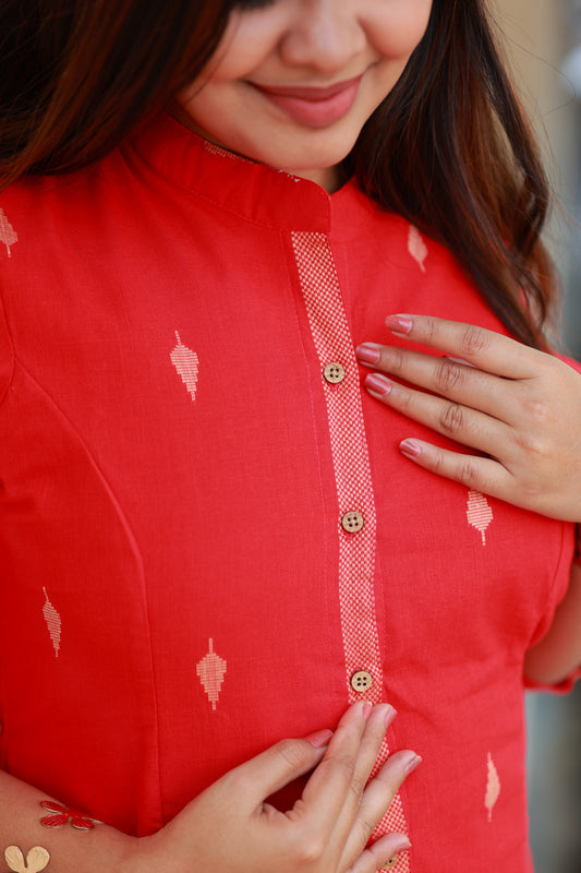 Neemai Red Cotton Kurti with front 4 Button opening for breastfeeding access, Mandarin Neck Design, maternity friendly comfortable Regular Wear for Women