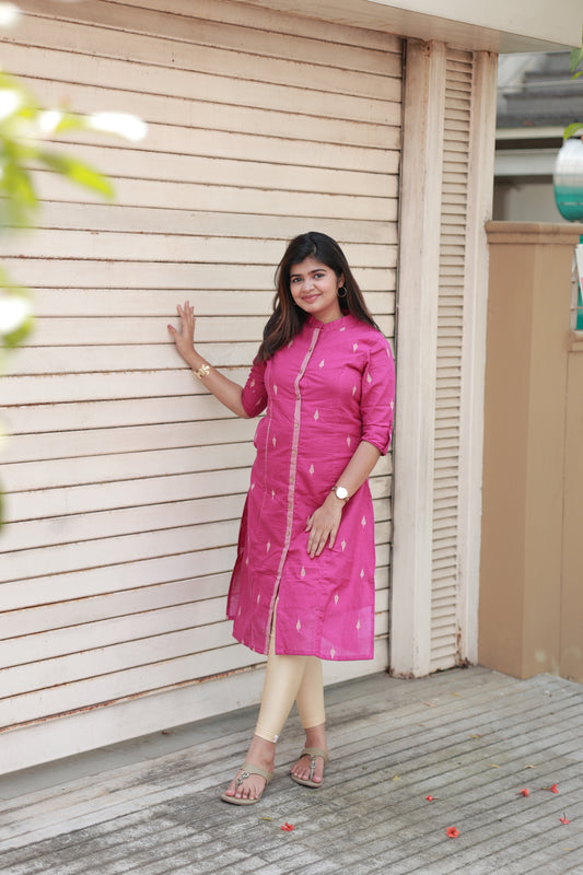 Neemai Rani Pink Cotton Kurti for Women, Casual Summer Regular Wear with Front Buttons and Side Slits, Plus Size cotton kurti