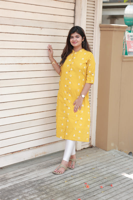 Neemai Yellow Cotton Kurti with White Heart Print, Chinese Collar Regular Wear for Women, Front Button Opening, Plus Size summer dresses
