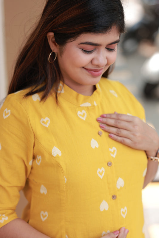 Neemai Yellow Handloom Cotton Kurti with Front Button Placket for Nursing Friendly, lightweight and comfortable summer friendly kurti, maternity wear