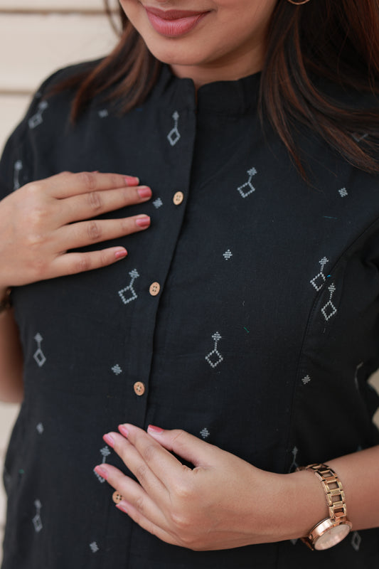 Neemai Black Cotton Kurti with Chinese Collar, Regular Wear with feeding friendly Front Button opening, pregnancy and postpartum comfort, Plus Size maternity wear