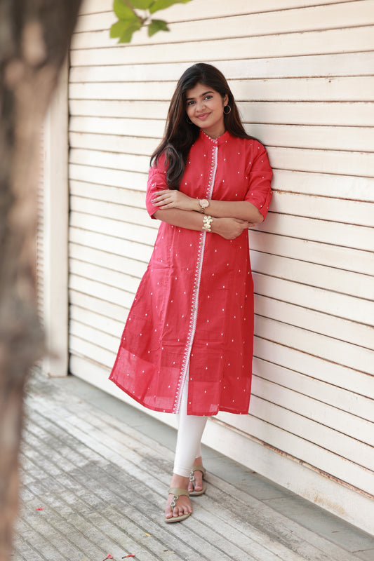 Neemai Red Kurti with maternity feeding buttons, Handloom Cotton Summer daily, Pregnancy and Postpartum Wear, Plus Size available