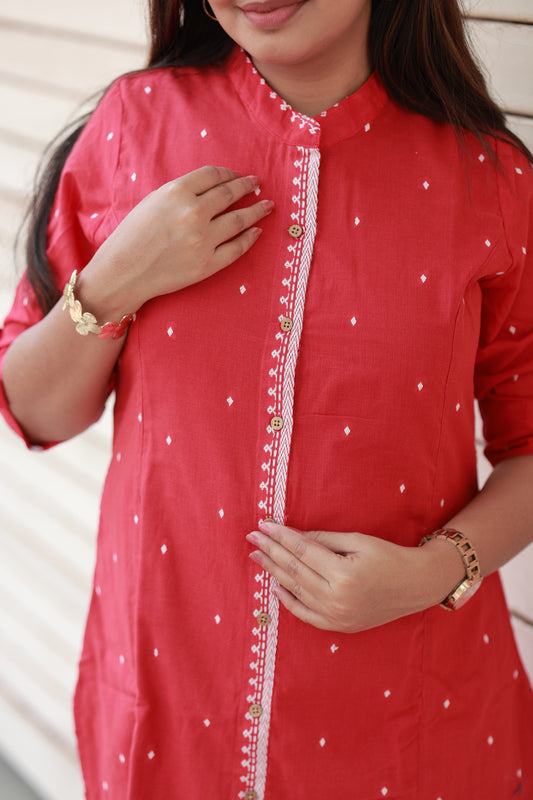 Neemai Red Chinese Collar Maternity Kurti with Front 4 Buttons opening for Easy Nursing Access, Lightweight Summer Cotton Wear, office wear