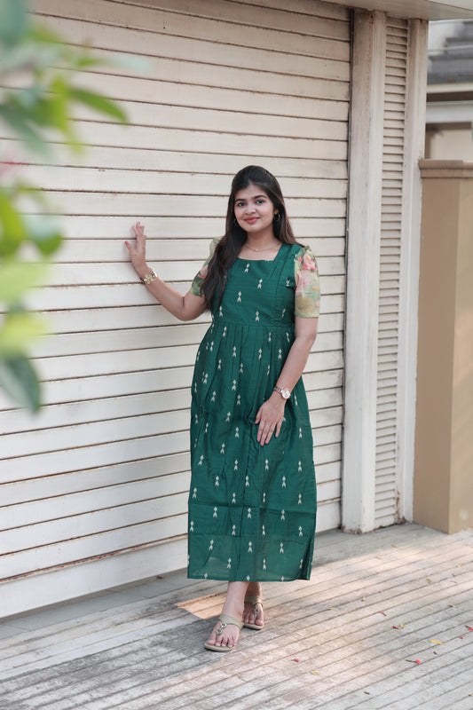 Neemai Forest Green Raw Silk Maternity Maxi gown with Printed Contrast Sleeves, Elegant Summer Friendly Pregnancy Dress for Women, Plus Size Available