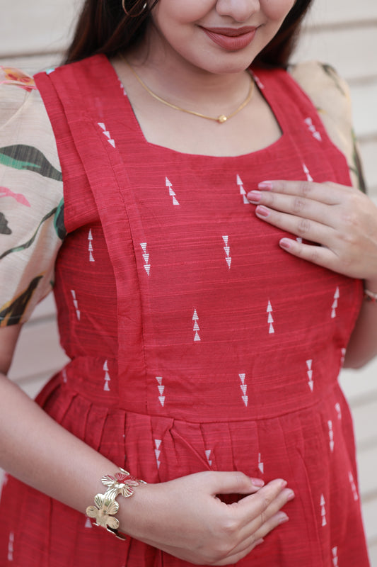 Neemai Festive Red Silk Maternity Maxi Dress with Square Neck Design, Stylish Feeding Friendly Ethnic Wear for Pregnancy and postpartum comfort