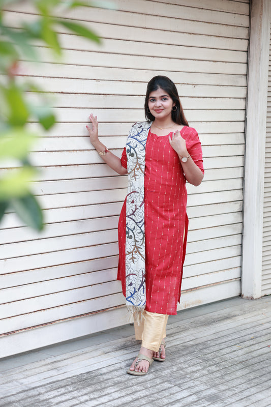 Neemai Women red raw silk kurta set with beige pants and floral dupatta – festive function wear, lightweight summer outfit, plus size three piece set