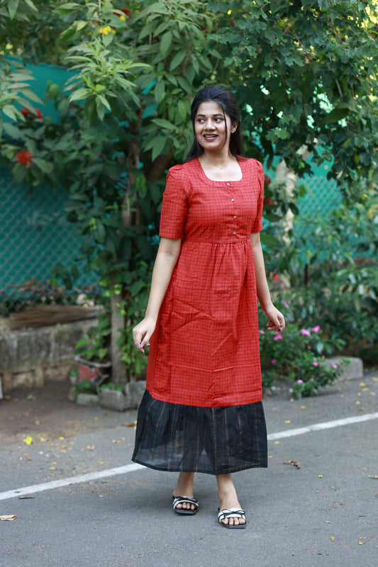 Neemai red butter silk maternity maxi dress with black contrast hem, flowy silhouette, summer friendly festive and casual wear, plus size ethnic wear