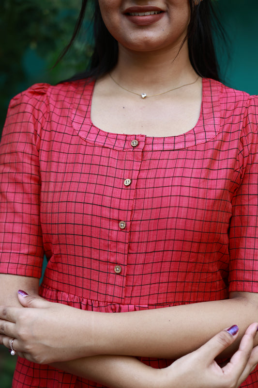 Neemai pink butter silk checkered maternity dress with button-down front, nursing friendly ethnic gown for everyday comfort