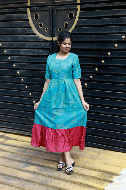 Neemai blue butter silk maternity dress with contrast pink hem, front button design, lightweight summer-friendly festive ethnic wear, plus size outfit