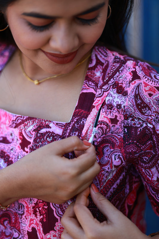 Neemai pink paisley maternity dress with discreet double side feeding zip for easy nursing access