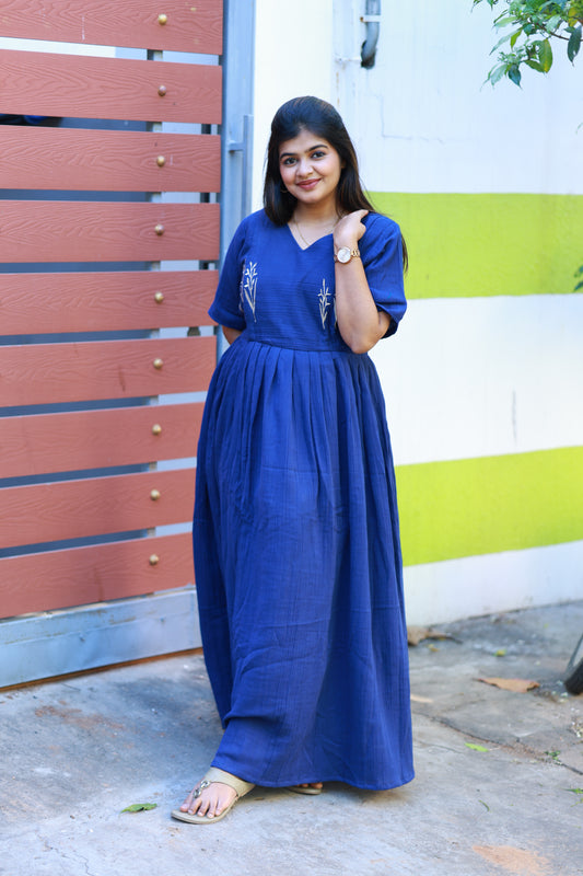 Maternity Maxi/Gown - Blue Muslin Embroidered