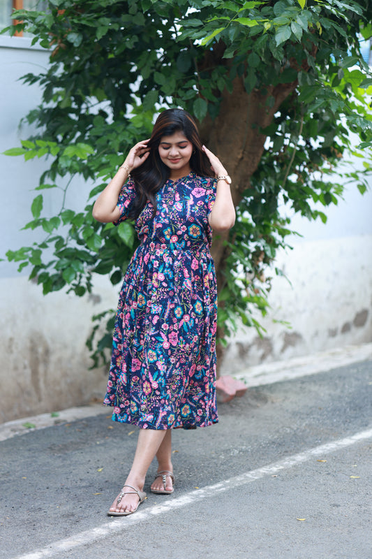 Maternity/Feeding Midi/Gown - Navy blue floral printed maternity dress, minimal round neckline for everyday comfort, soft cotton and breathable fabric.
