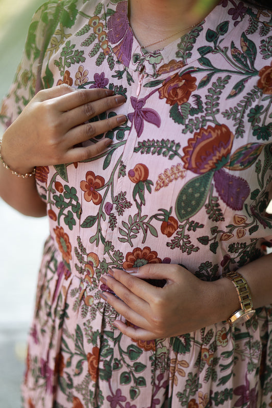 Maternity/Feeding Midi/Gown- Pink floral maternity nursing dress with discreet feeding zip for comfort feeding session