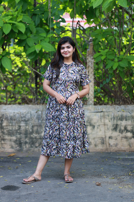 Maternity/Feeding Midi/Gown- Navy blue paisley printed maternity dress with classic round neckline, A comfortable cotton dress designed for everyday wear