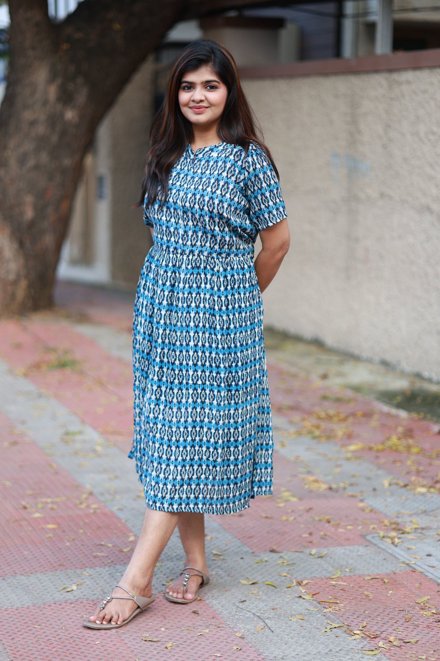 Maternity/Feeding Midi/Gown - Blue and white geometric printed feeding dress, breathable cotton fabric, mom friendly side pockets,invisible feeding zip, Available in S to Plus size