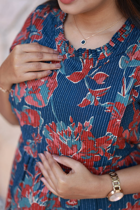 Maternity/Feeding Midi/Gown - Ink blue with red floral, Plus-size side-zip feeding dress, Hidden dual side zips for discreet nursing