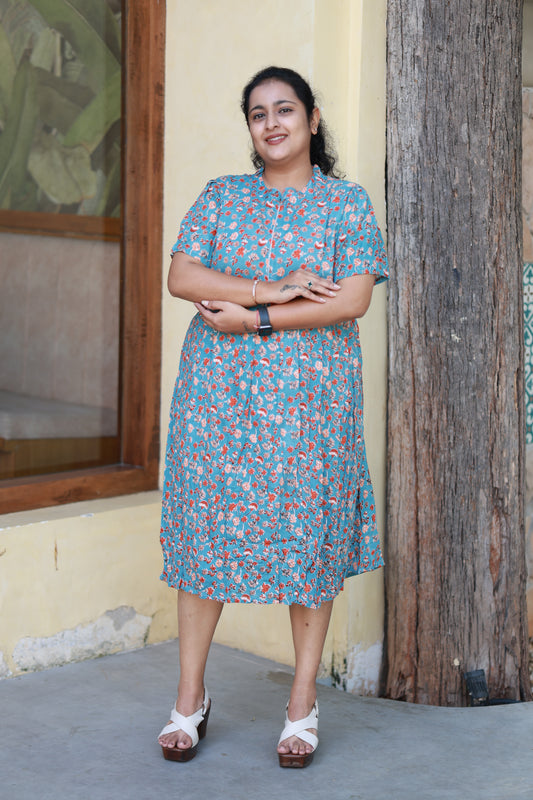 Maternity/Feeding Midi/Gown - Blue with floral design, Soft, breathable cotton-blend fabric