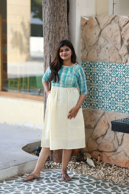 Maternity/Feeding Midi/Gown - Sky blue and Cream white , Soft breathable fabric