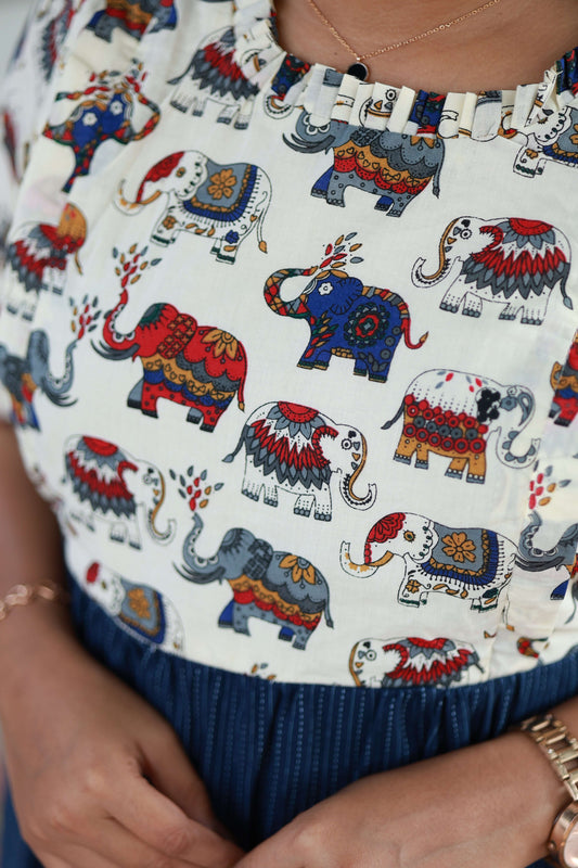 Maternity/Feeding Midi/Gown - White ,Ink blue with elephant design , Double zip breastfeeding dress, Hidden zippers for a neat look