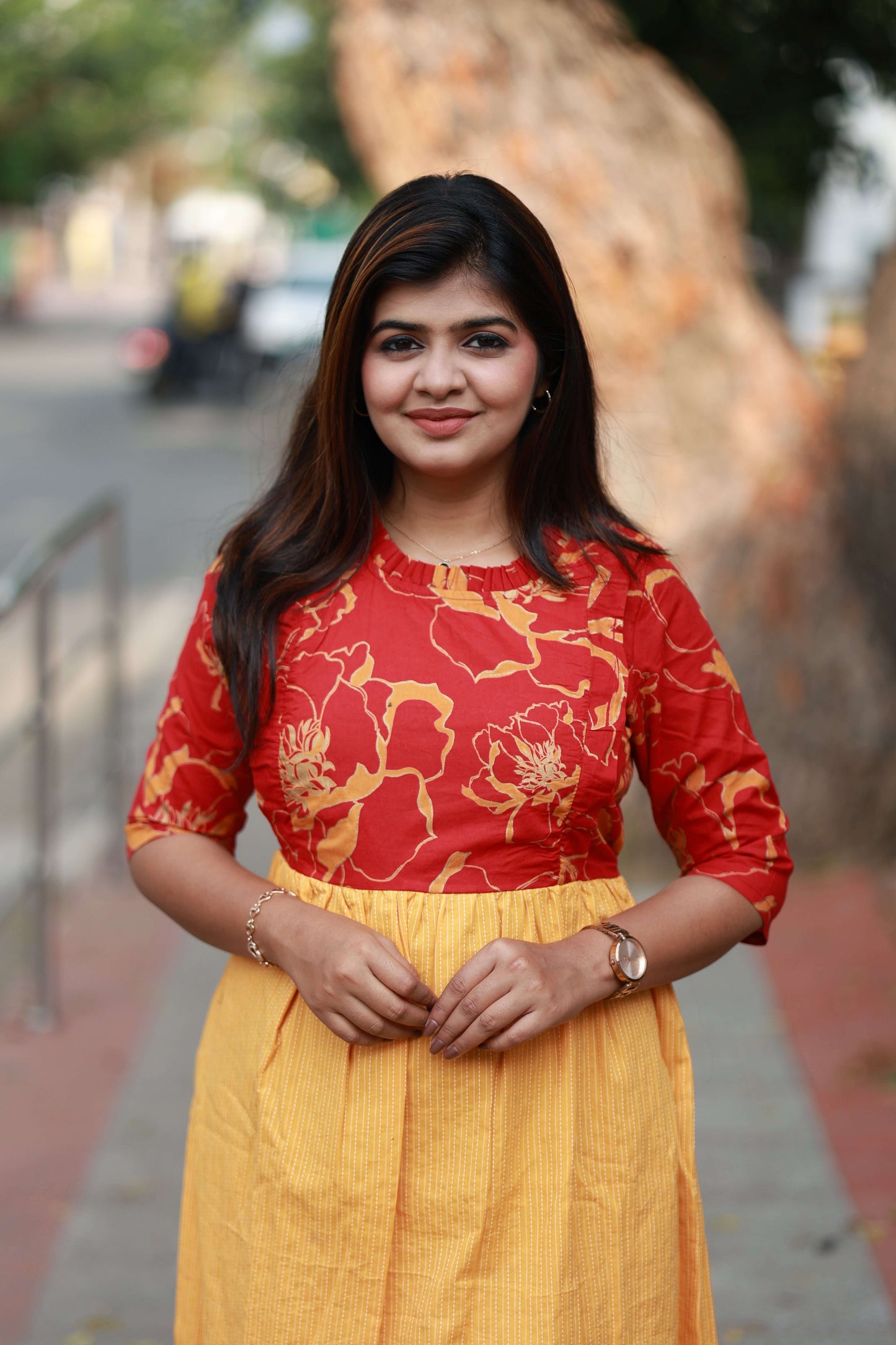 Maternity/Feeding Midi/Gown - Red and yellow, Casual maternity dress with side pockets and easy nursing access, Elegant maternity dress