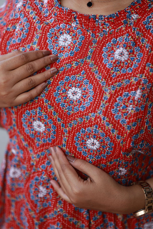 Maternity/Feeding Midi/Gown - Red color with white floral design, Double zip breastfeeding dress, Hidden zippers for a neat look