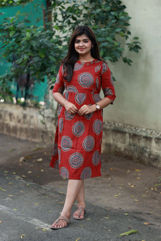 Maternity/Feeding Midi/Gown - Red color, chakara design ,Soft, breathable, and comfortable fabric