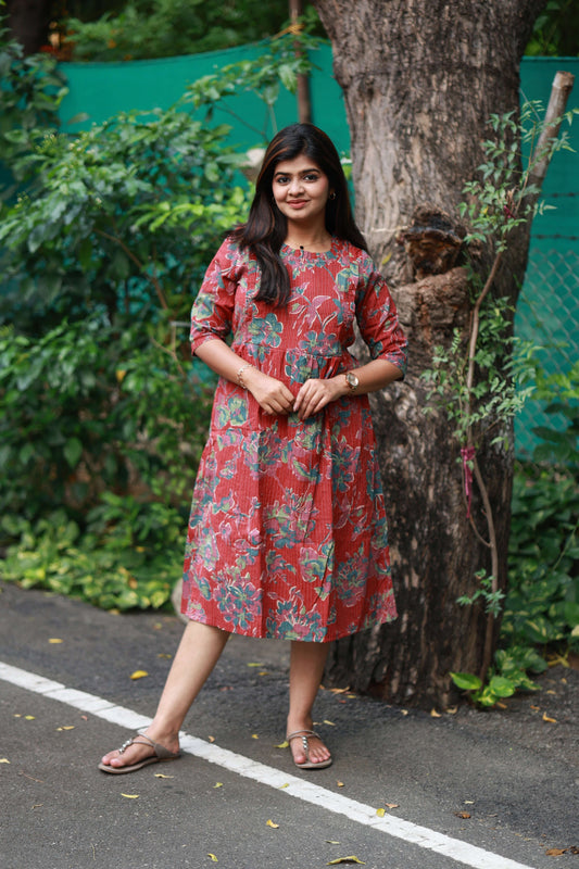 Maternity and nursing care dress comes with printed kantha cotton dress. It has double side fully concealed feeding zips to nurse the baby.