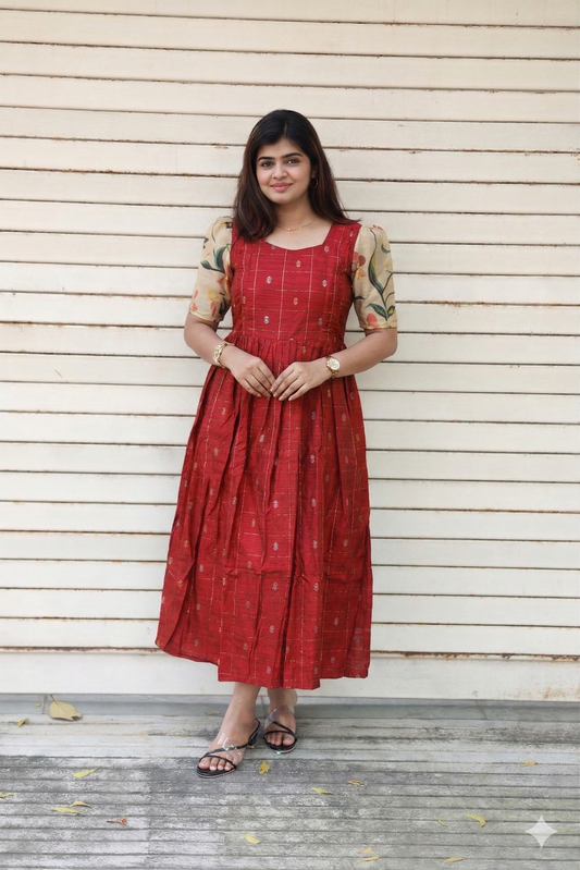 Neemai Red Raw silk maternity maxi with nursing friendly zip, traditional silk outfit for special occasions