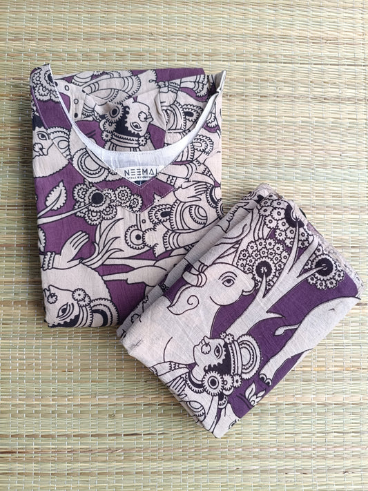 Block printed kalamkari cotton Maternity 2 pc chudidhar set [ Top with double side zip, and dupatta - Yazhi violet