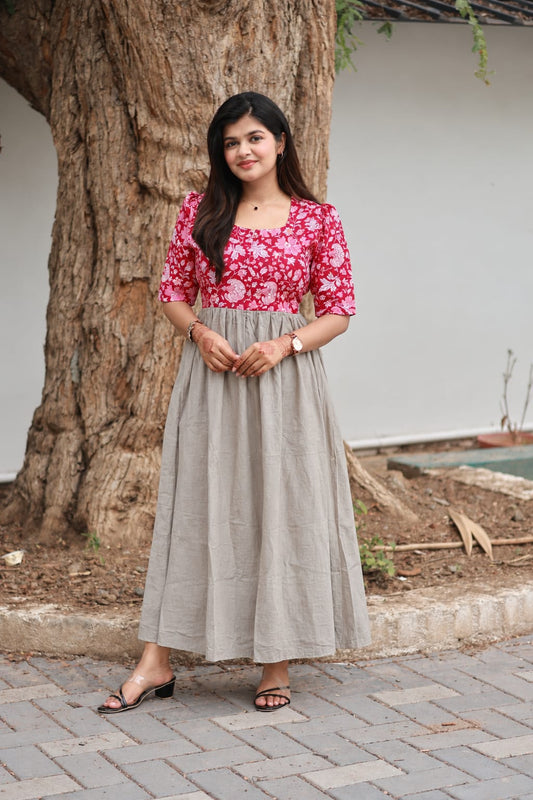 Cotton / Raw silk Maternity Maxi/Gown in center zip - Festival Collection- Full cotton lining - silver with red leaf