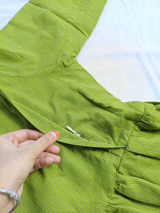 Prewashed Handloom Cotton - Feeding/ Maternity Maxi/Gown - Cotton lining /Double side zip - Green Stripe