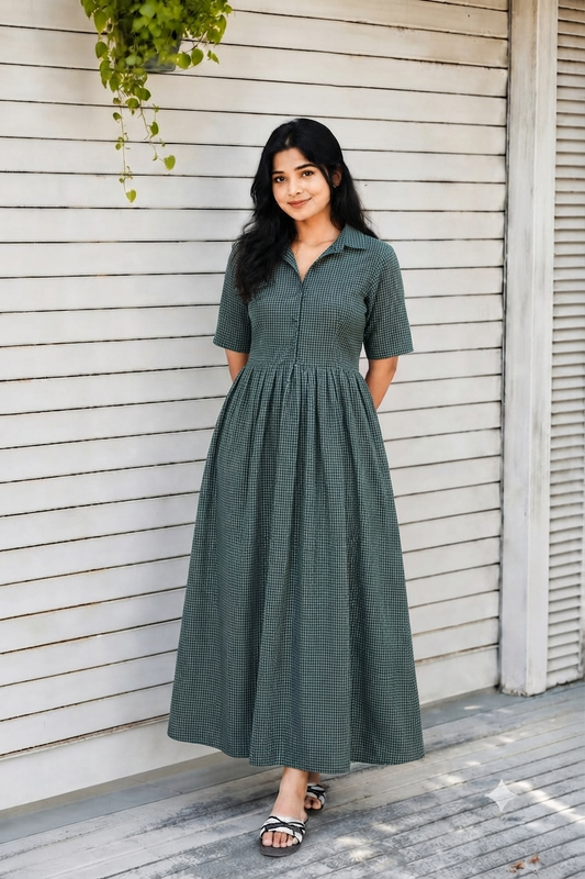 Prewashed handloom Cotton - Feeding/ Maternity Maxi/Gown - Cotton lining /Center zip -Collar Small green checks